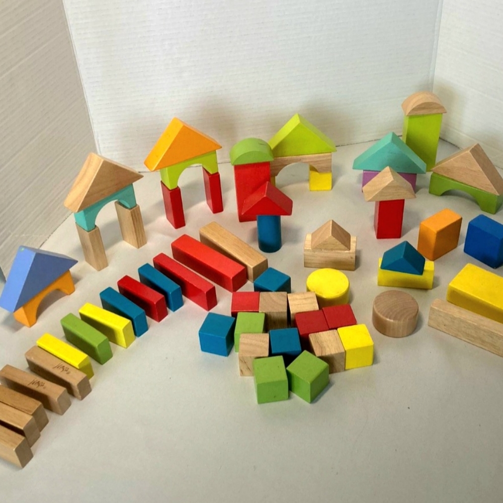 Vintage Wood Wooden Building Blocks Multicolor Children Play Learning Shapes Lot